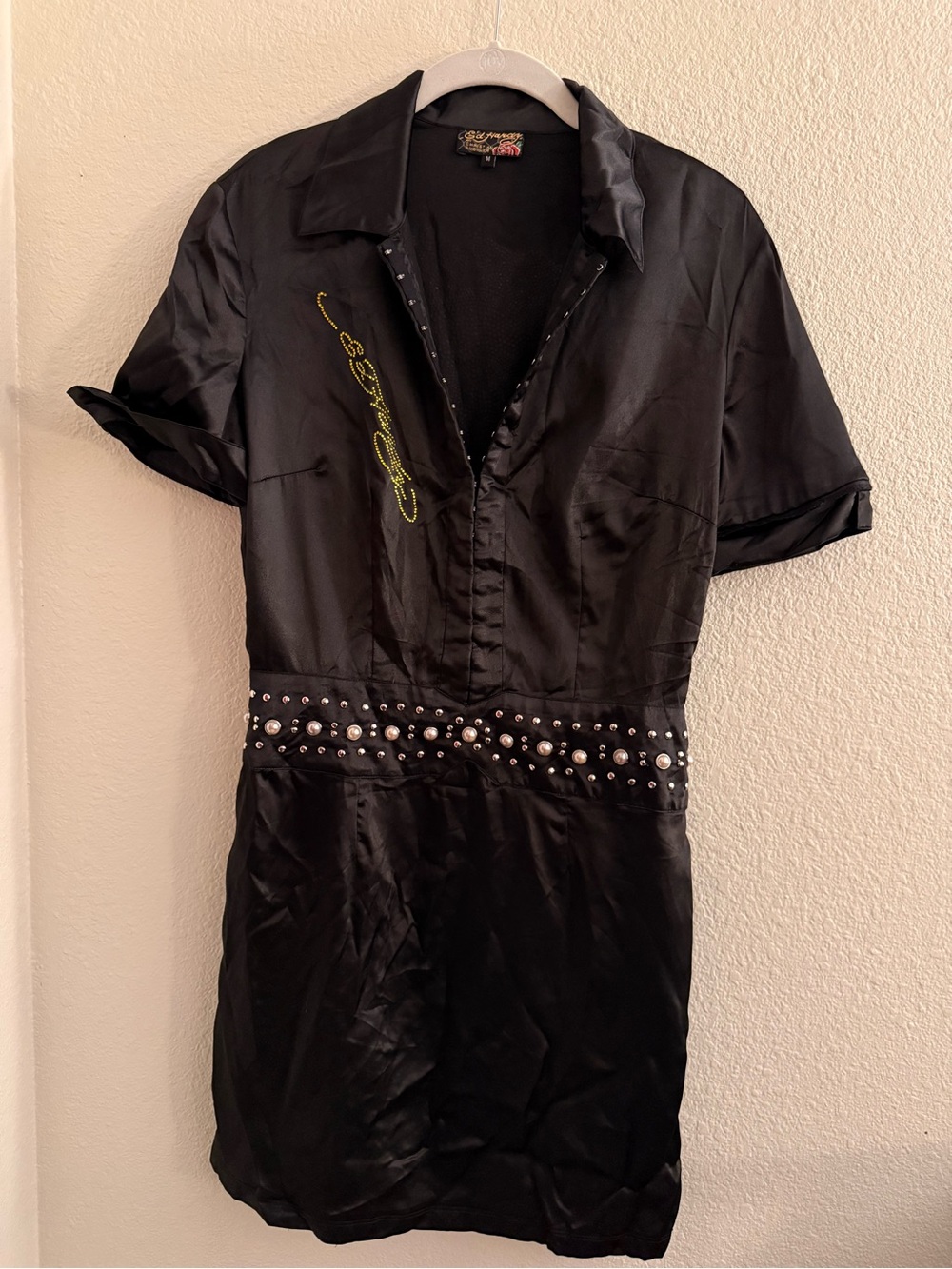 Vintage Ed Hardy Black Stud-Waist Shirt Dress with Skull Rhinestone Back